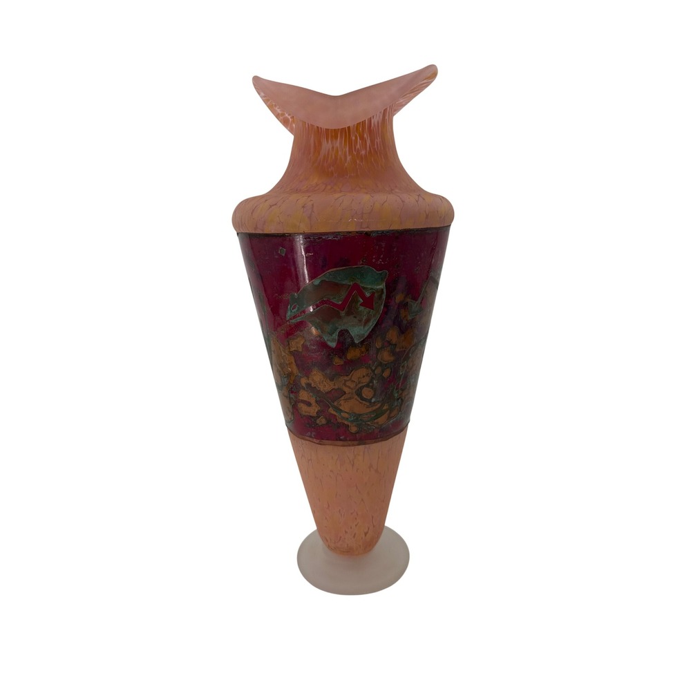 Art Glass Vase Pink Copper Petroglyph Southwest Jack in the Pulpit 15in signed
